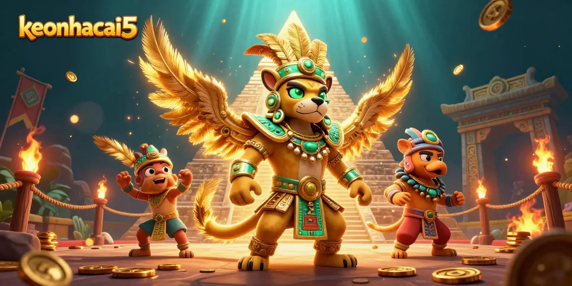 keonhacai5 showcases a vibrant casino scene with a Mayan jaguar priest and golden feathered elements.