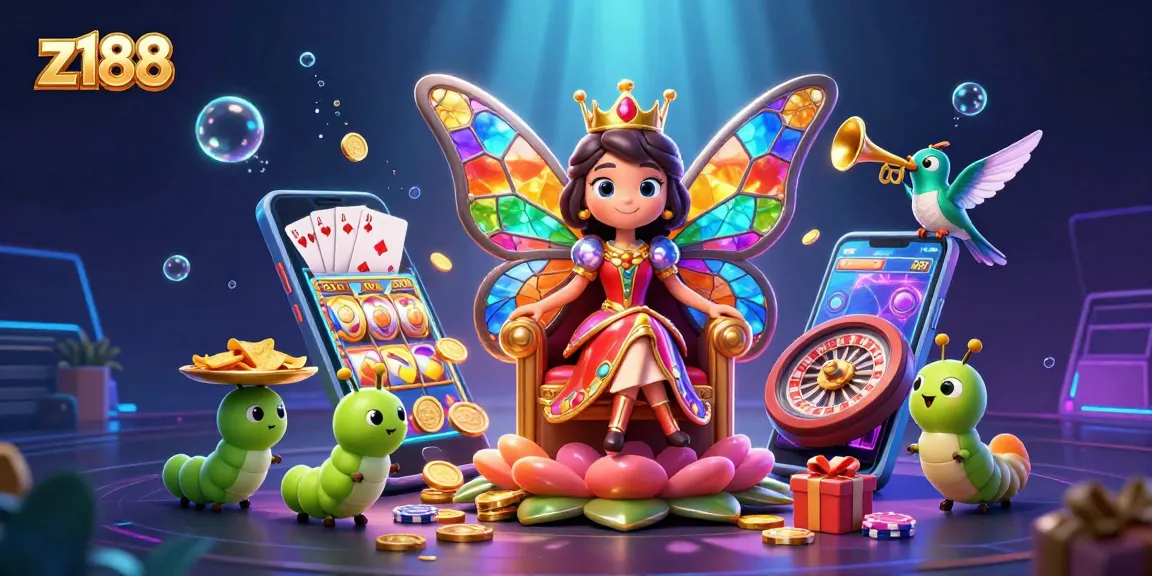 Experience thrilling gaming with z188 featuring a vibrant 3D butterfly queen, slot games, and rich casino elements.