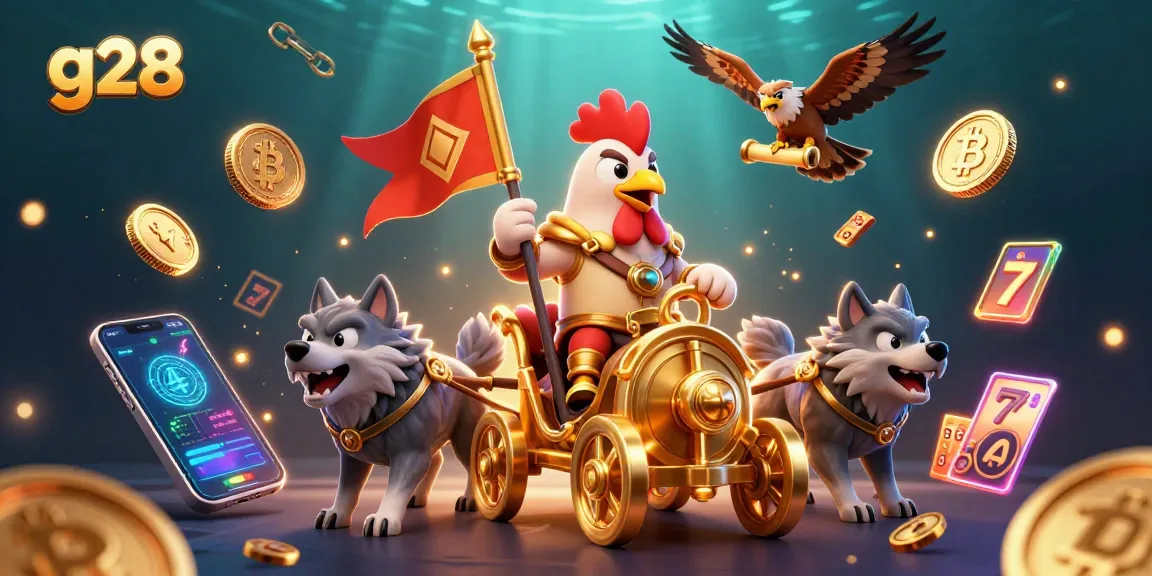 Engage in g28 casino adventures featuring a colorful scene with a rooster warlord and glowing slot elements.