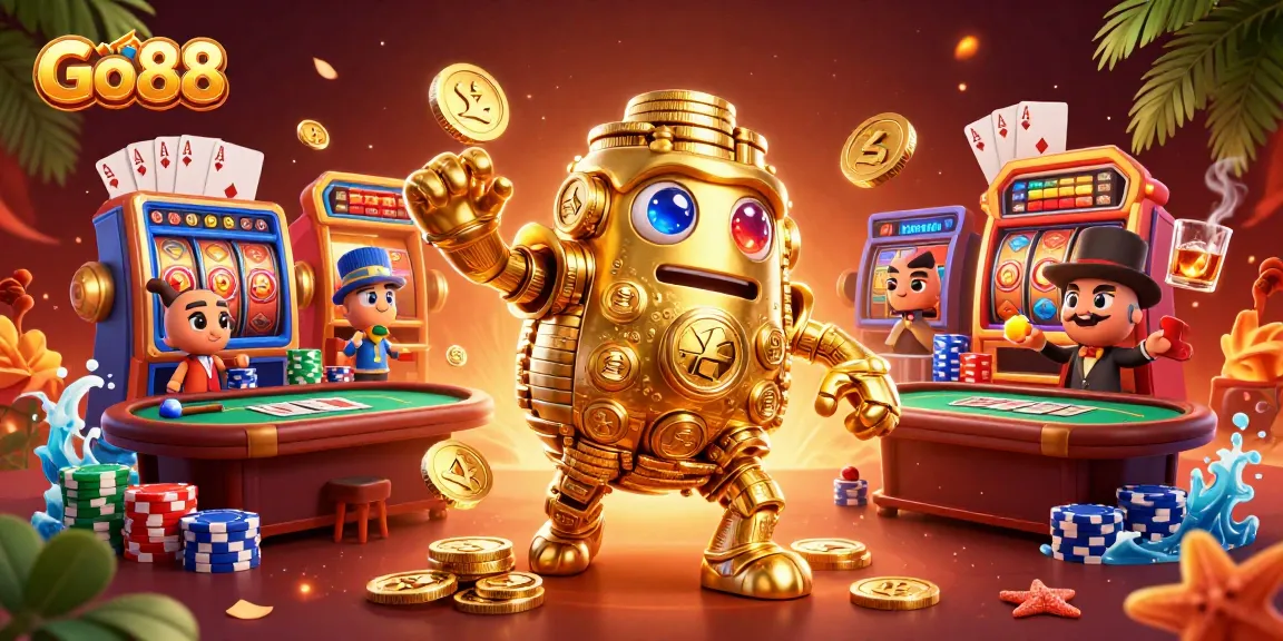 Experience the thrill of winning at Go 88 with vibrant slot reels and golden golem illustrations.