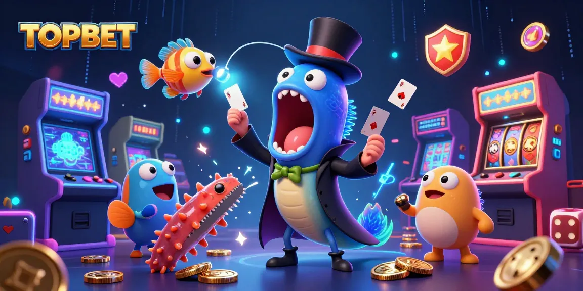 Engaging TOPBET scene featuring vibrant characters in a casino setting performing magic tricks.
