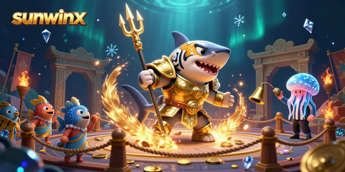 Engage in thrilling moments at Sunwinx's vibrant underwater colosseum, featuring a fierce tiger shark.