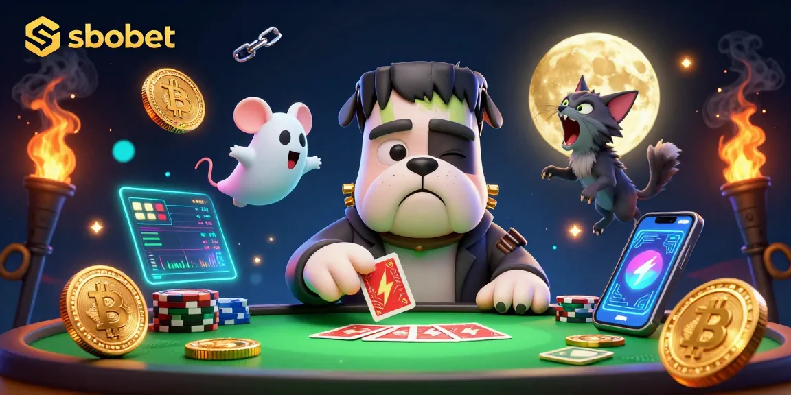 SBOBET sports betting excitement shown with a cartoon bulldog dealing cards, glowing crypto coins, and vibrant casino elements.