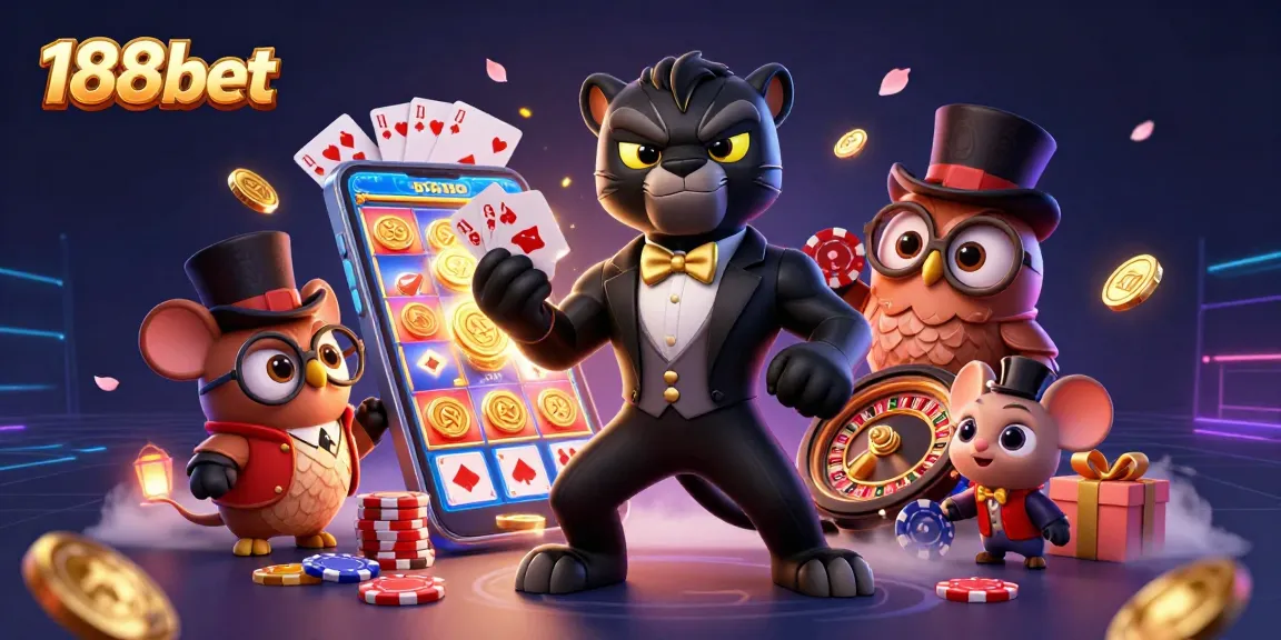 Engage with thrilling 188bet casino action featuring a panther dealer, owl with poker chips, and lucky mouse.