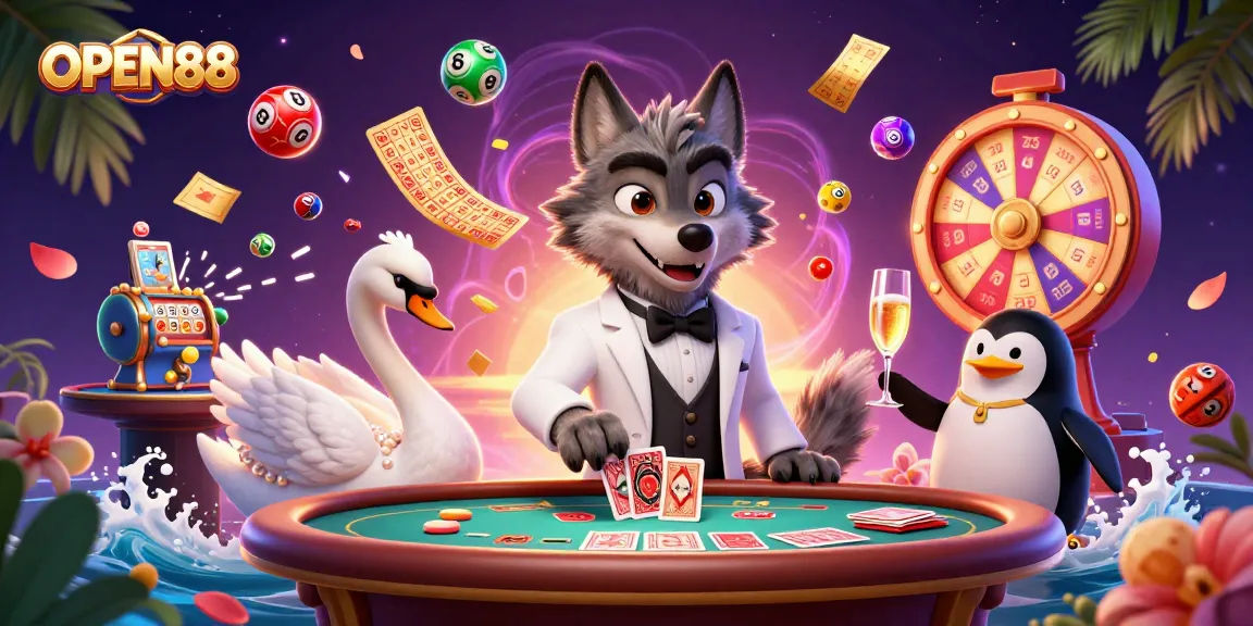 Experience thrilling moments at OPEN88 with a debonair wolf, an elegant swan, and a sophisticated penguin in a lively casino scene.