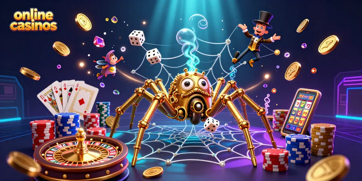 Engaging illustration of online casinos with a steampunk spider, golden web, and captivating game elements.