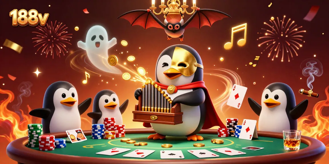 Experience the excitement of 188v with a phantom penguin organist amidst dynamic poker and casino elements.