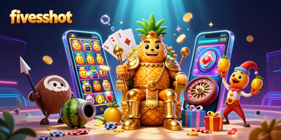 Play to win with fiveshot in a vibrant beach casino illustration featuring immersive slot game elements.
