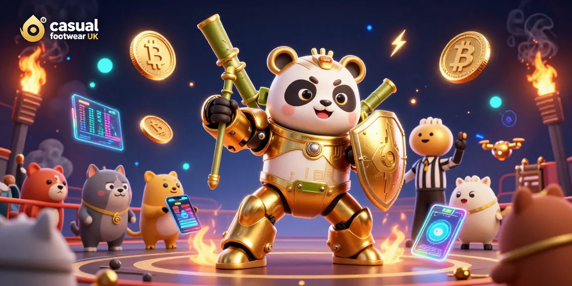 Engage with the dynamic scene showcasing casual footwear UK amidst a lively gambling arena featuring a golden panda robot.