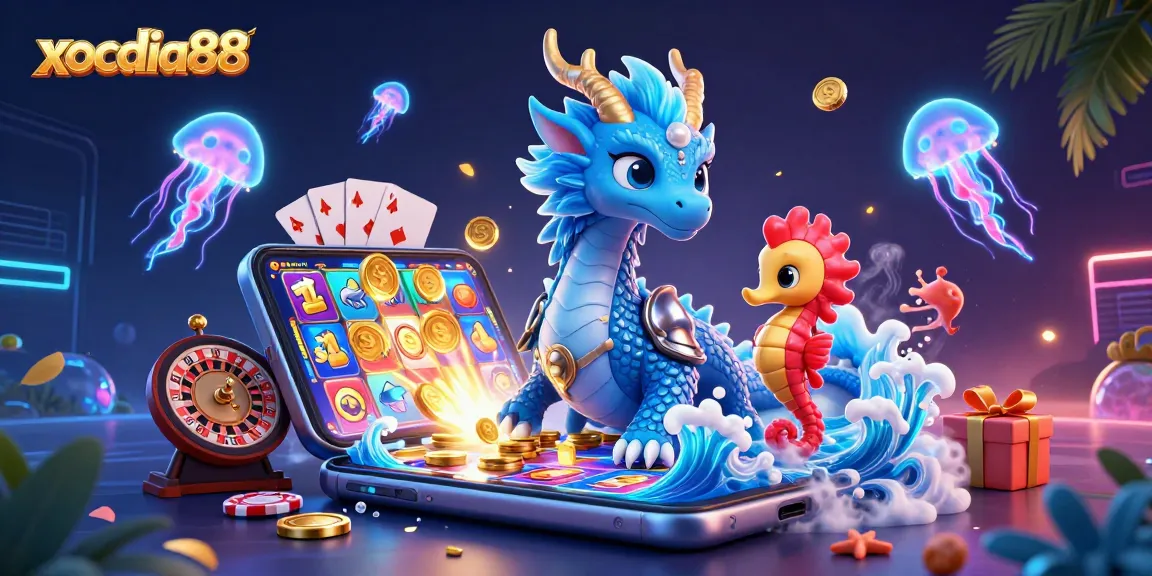 Xocdia88 showcases a vibrant underwater gambling theme with a dragon, seahorse knight, and jellyfish.