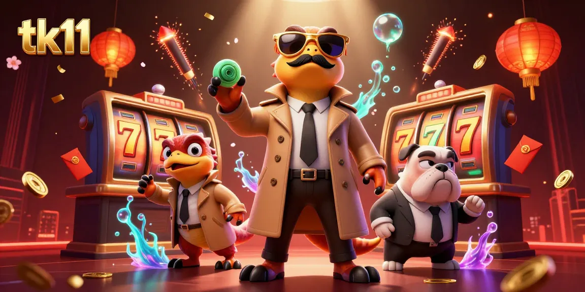 tk11 offers exciting slot games with dynamic illustrations of lucky spins and playful raptors.