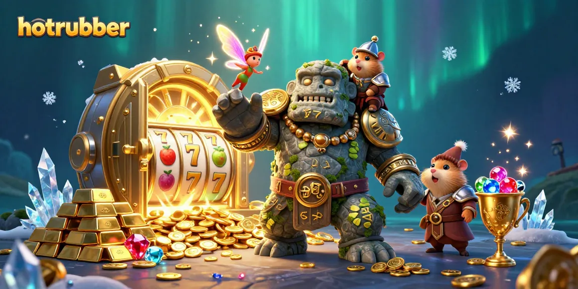 Experience the excitement of hotrubber with a dynamic scene featuring a golem, fairy, and hamster knight amidst casino riches.
