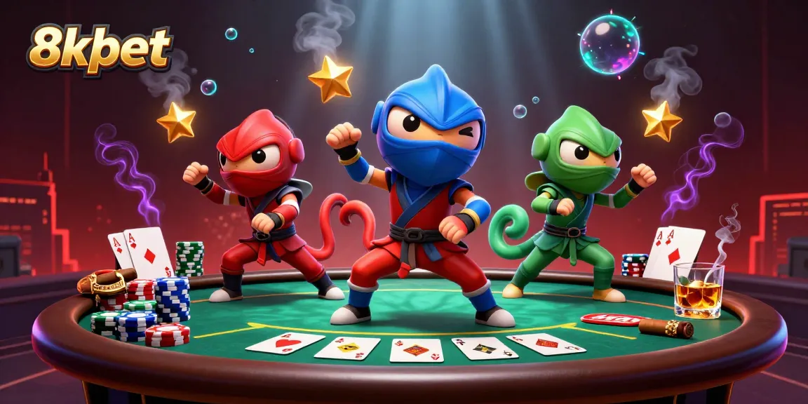 Experience thrilling action with 8xbet's vibrant gaming scene featuring ninja chameleons and poker elements.