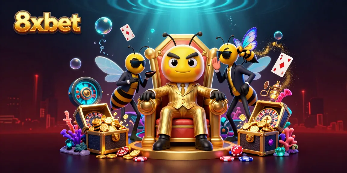 Engage with 8xbet in a vibrant 3D casino scene showcasing characters and games.