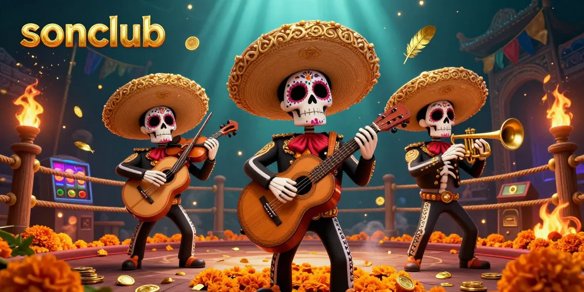 Experience thrilling gaming at sonclub with vibrant mariachi skeletons amidst a festive gambling atmosphere.