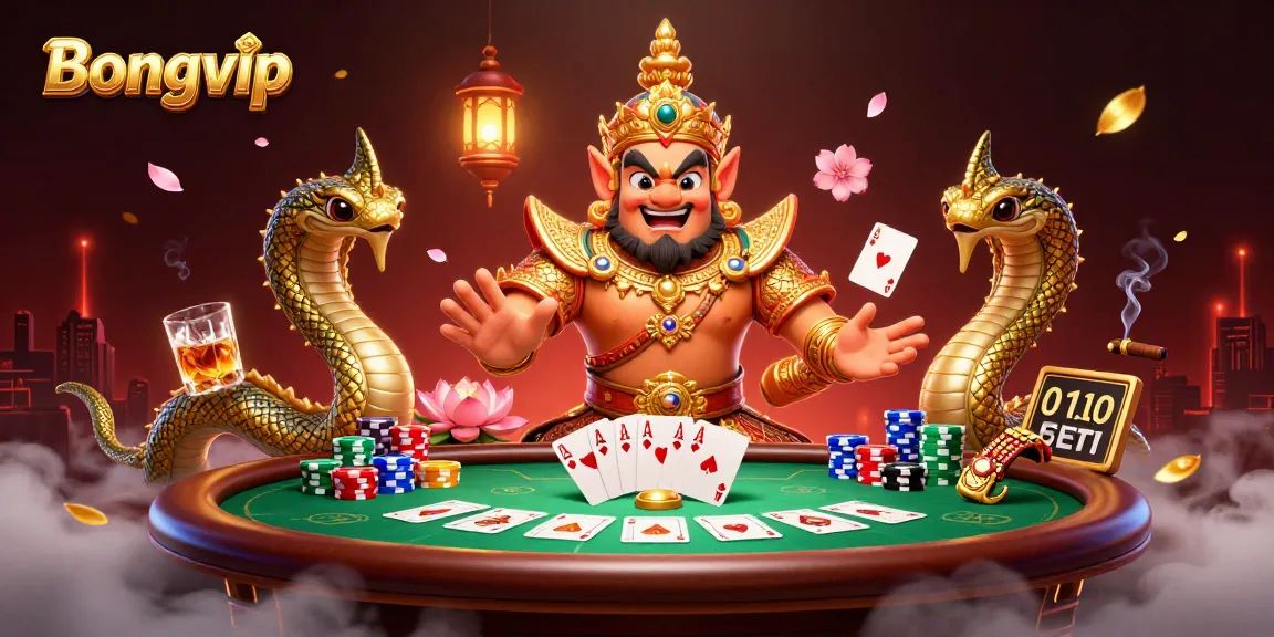 Bongvip players engaging with lively poker scene, featuring friendly yaksha guardian and vibrant poker elements.